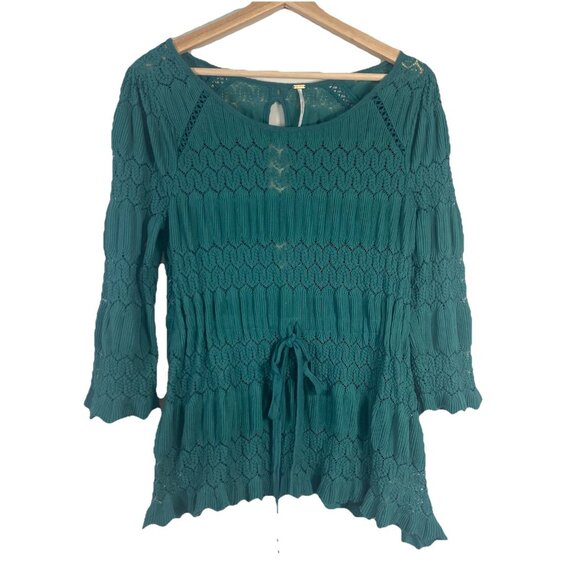 Free People Fire Island Blouse Crochet Top 3/4 Sleeve Knit Green size M Boho - Picture 2 of 12